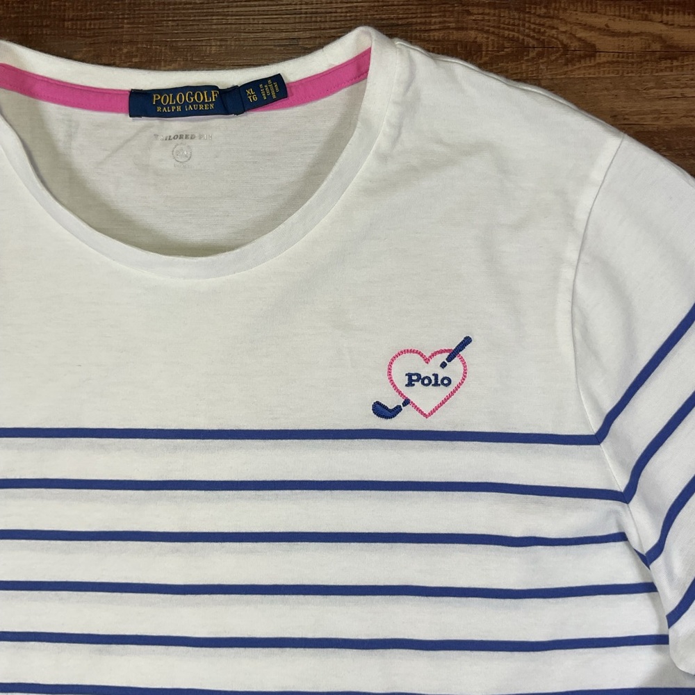 Polo by Ralph Lauren White Long Sleeve with Blue Stripes and Pink Heart